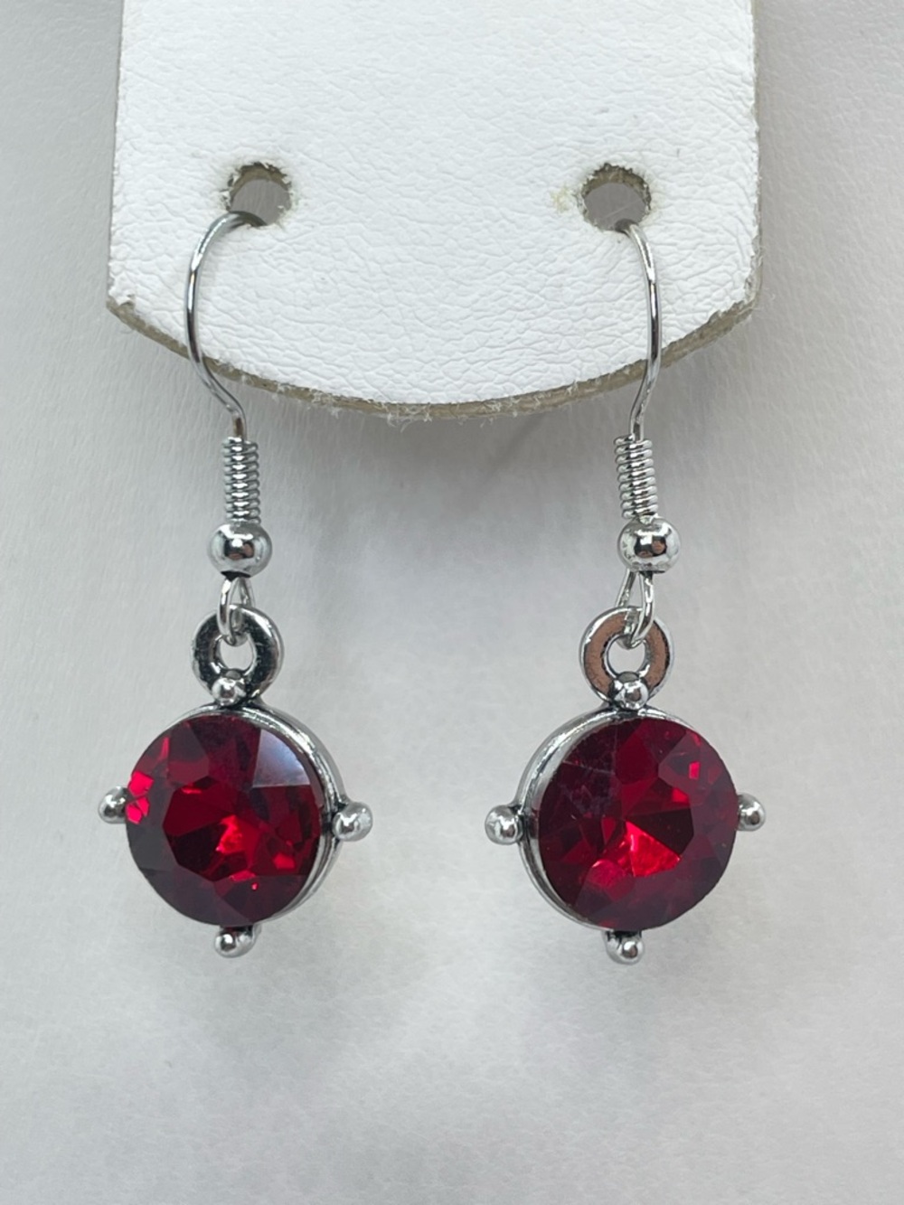 Silver Tone Red Crystal Glass Drop Earrings Classic Round Dangle